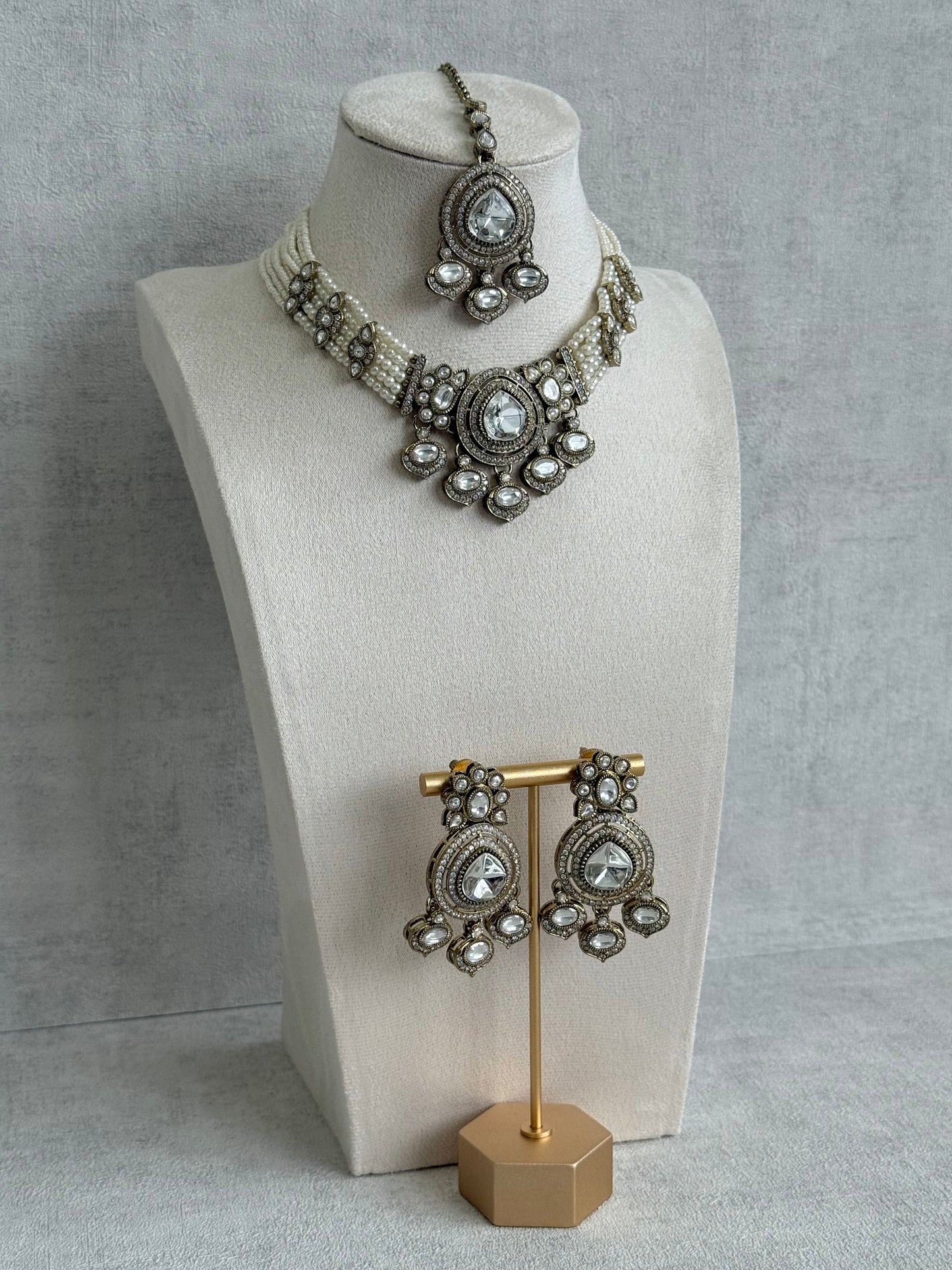 Ayura Designs Rahi Necklace Set with Earrings & Tikka – Ivory Pearl Stones with Mirror-Cut Detailing & Pearl Strands