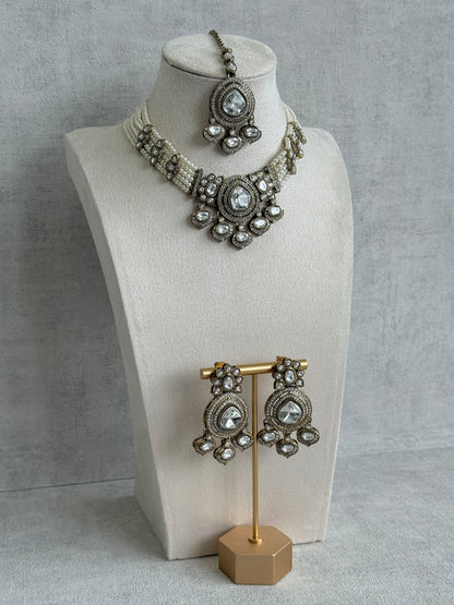 Ayura Designs Rahi Necklace Set with Earrings & Tikka – Ivory Pearl Stones with Mirror-Cut Detailing & Pearl Strands