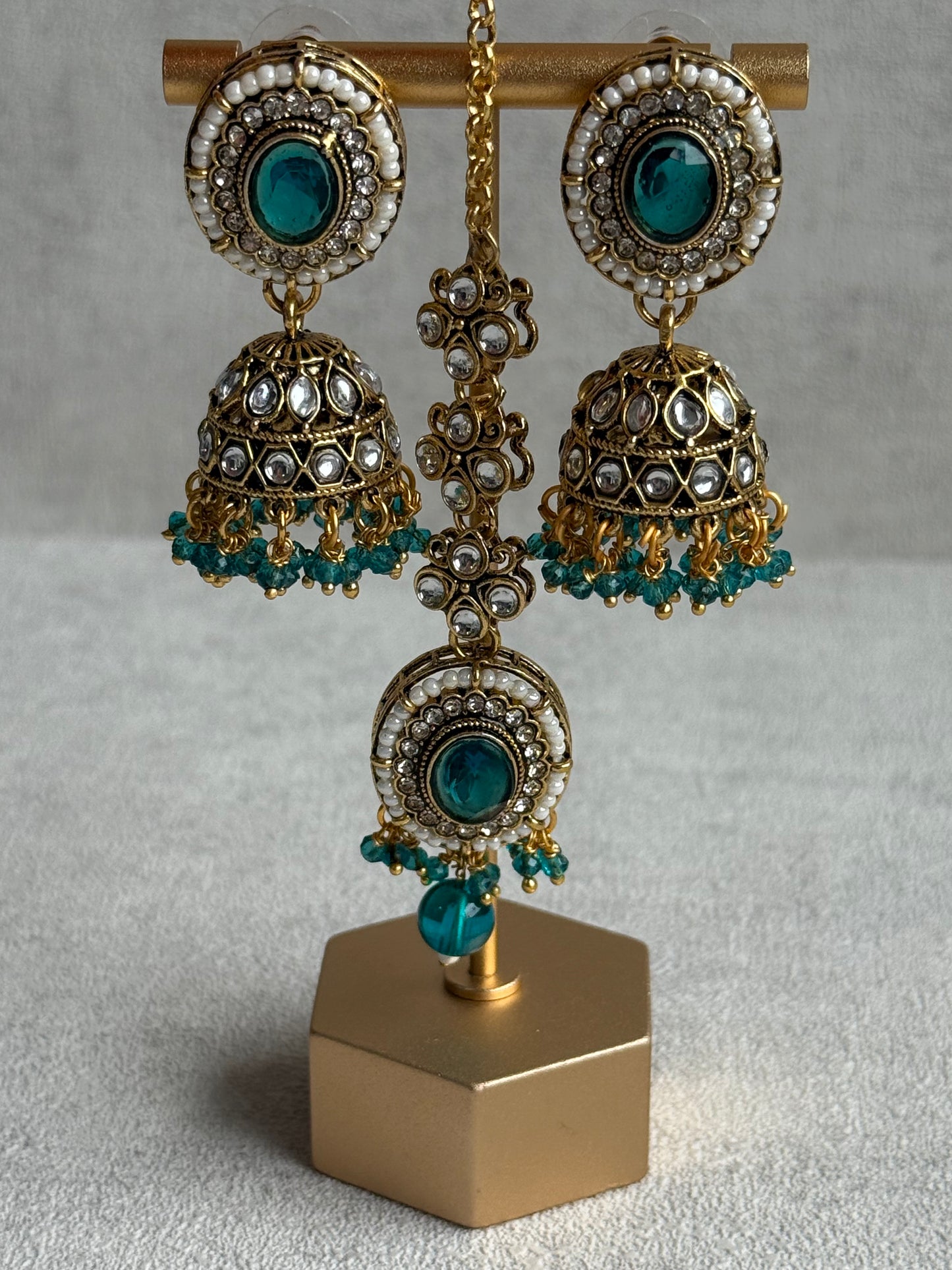 Ayura Designs Muskaan Set – Choker, Jhumkis & Tikka with Peacock Blue Beads, Kundan Stones & Antique Gold Finish