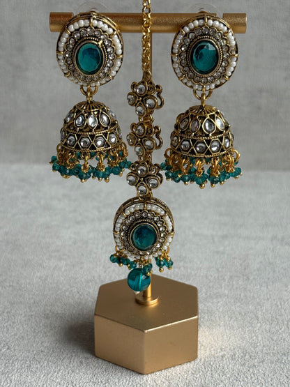 Ayura Designs Muskaan Set – Choker, Jhumkis & Tikka with Peacock Blue Beads, Kundan Stones & Antique Gold Finish