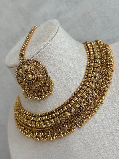 Ayura Designs Iksirat Necklace Set with Jhumkis & Tikka – Gold Heritage Design with Ghungroo Detailing