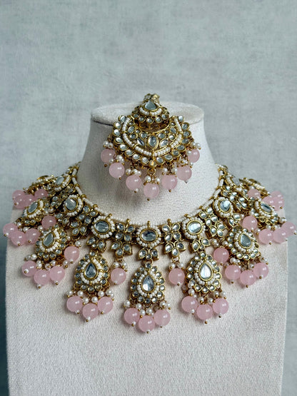 Ayura Designs Iyla Set with Necklace, Earrings & Tikka – Kundan Detailing, Ivory Pearl Drops & Blush Pink Beads