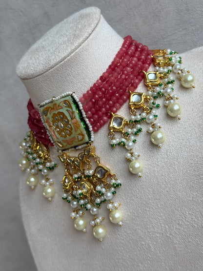 Ayura Designs Sabeera Meenakari Kundan Choker Set with Earrings – Blush Pink Beads & Pearl Detailing