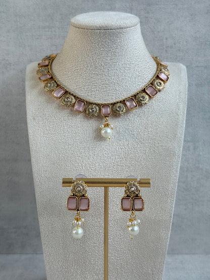 Ayura Designs Padma Necklace Set with Earrings – Blush Pink Stones with Pearl Drop Detailing
