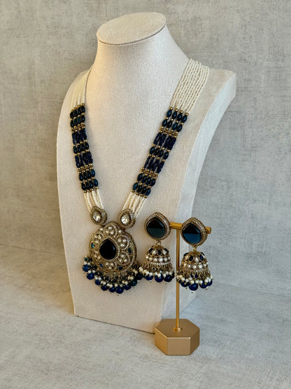 Ayura Designs Brielle Set – Necklace & Jhumkis with Mirror-Cut Stones in Midnight Blue & Ivory