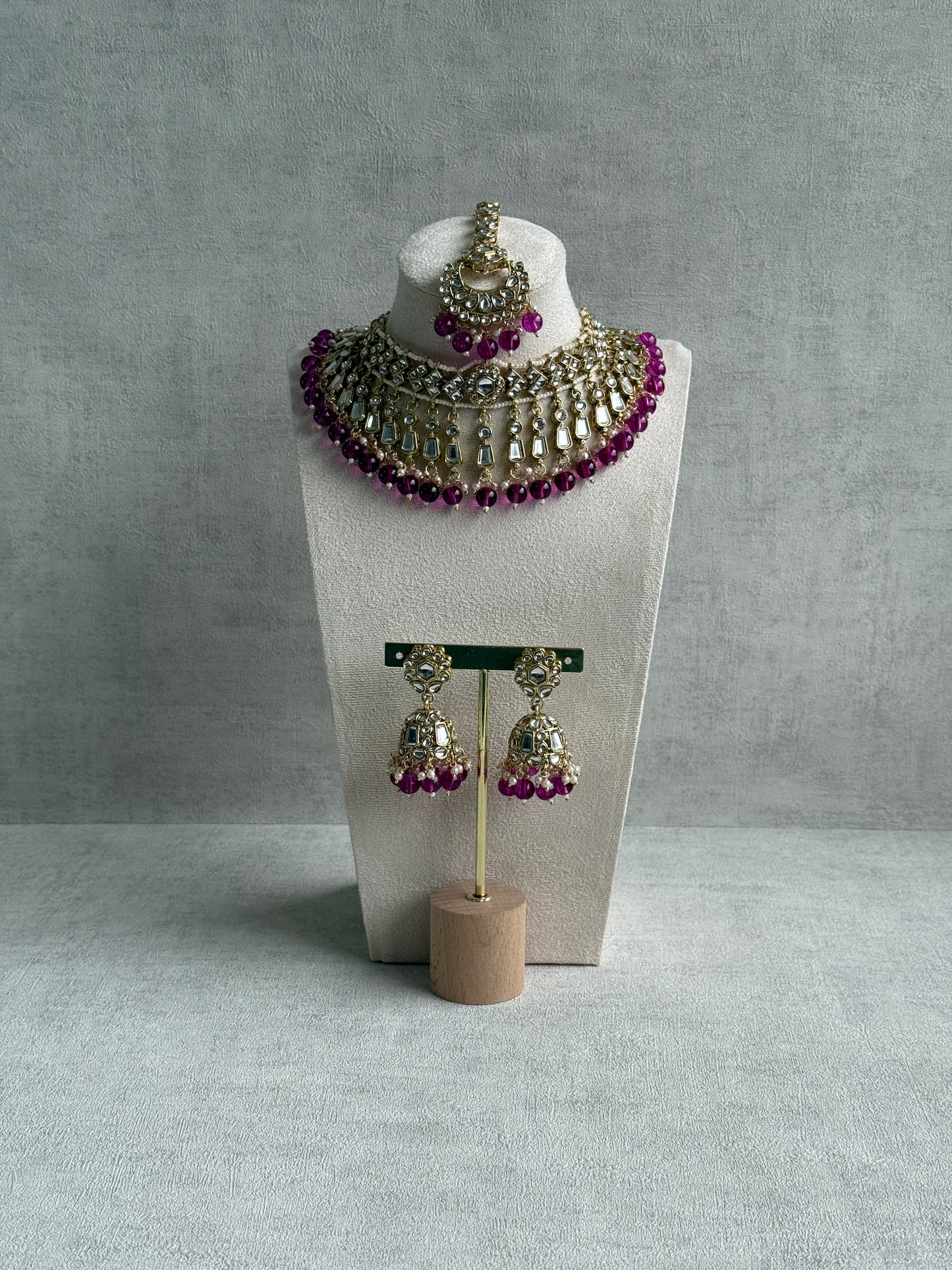 Ayura Designs Shaheen Set with Jhumkis & Tikka – Magenta Beads, Mirror Kundan & Gold Finish