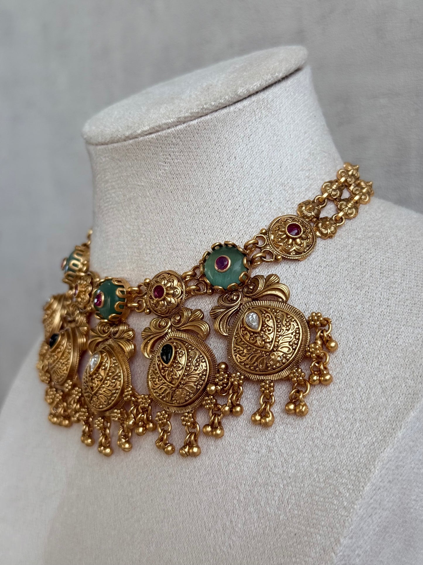 Ayura Designs Alera Set with Necklace & Earrings – Peacock Green and Rani Pink with Antique Gold Ghungroo Detailing