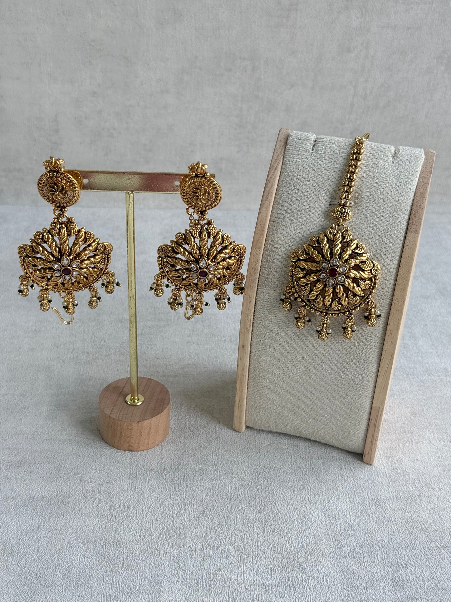 Ayura Designs Survi Tikka Set with Sahare Earrings – Antique Gold with Kundan, Pink Stones, Ivory & Green Beads