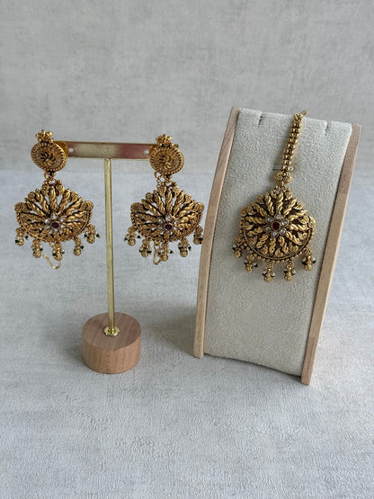 Ayura Designs Survi Tikka Set with Sahare Earrings – Antique Gold with Kundan, Pink Stones, Ivory & Green Beads
