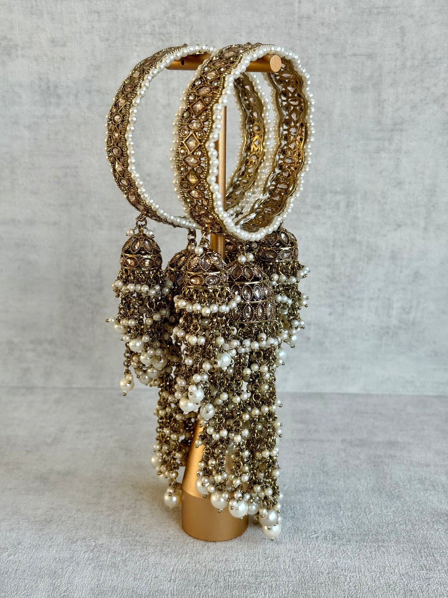 Ayura Designs Arsh Kangan – Pearl Studded Statement Bangles with Jhumki Tassels