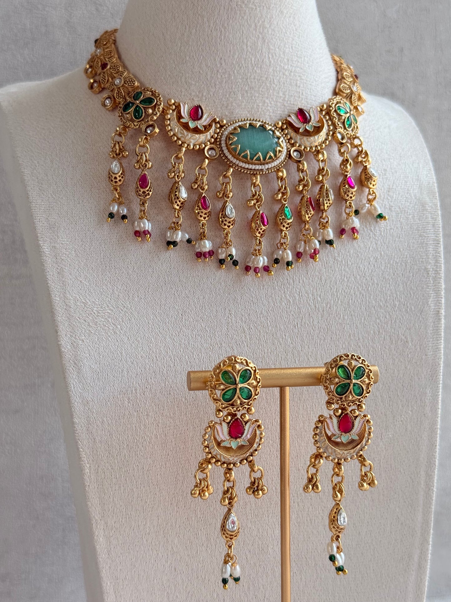 Ayura Designs Aavya Necklace Set – Aqua Green & Rani Pink Kundan Meenakari Design