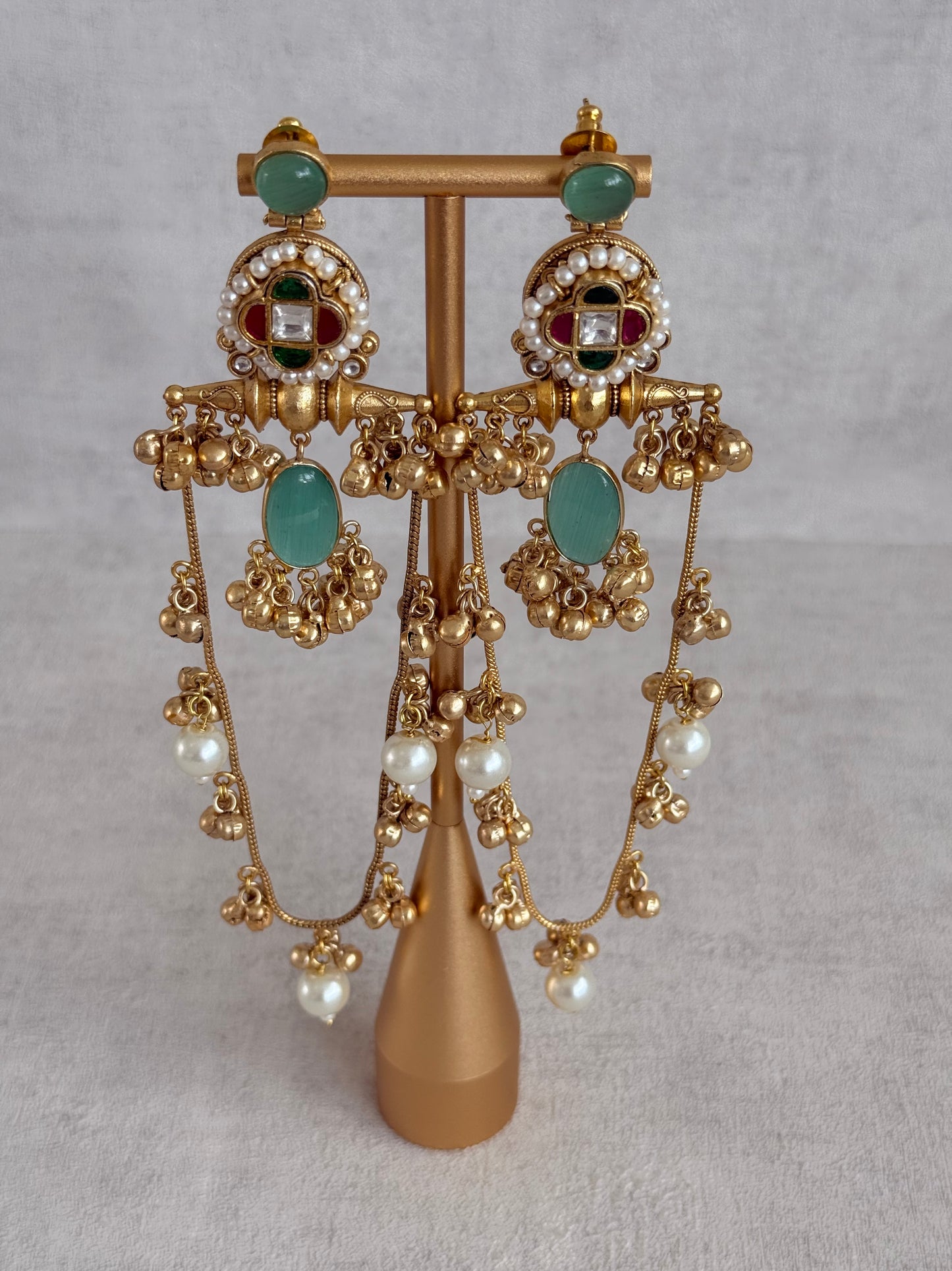 Ayura Designs Kashifa Earrings – Kashmiri Earrings with Mint Green Stone, Ghungroo Detailing & Pearl Drops
