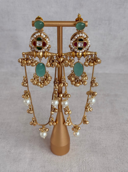 Ayura Designs Kashifa Earrings – Kashmiri Earrings with Mint Green Stone, Ghungroo Detailing & Pearl Drops