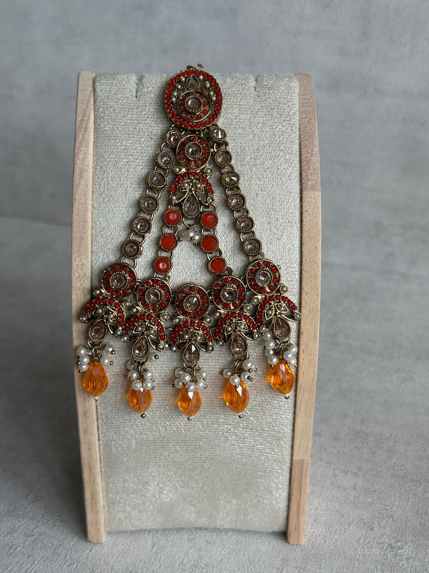 Ayura Designs Almas Tikka Set with Earrings, Tikka & Sahara – Orange Beads & Antique Gold Finish