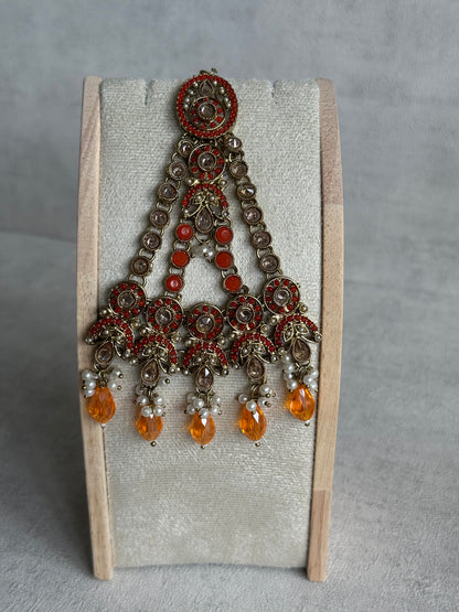 Ayura Designs Almas Tikka Set with Earrings, Tikka & Sahara – Orange Beads & Antique Gold Finish