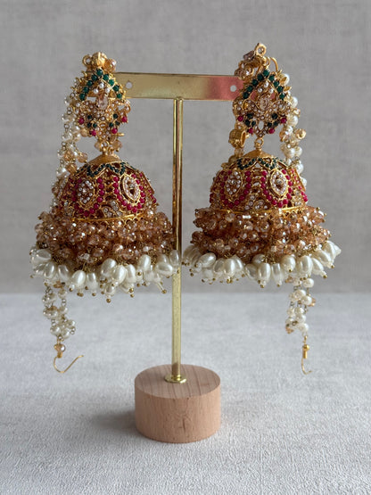 Ayura Designs Safia Tikka Set with Sahare Earrings – Champagne Crystals with Ruby & Emerald