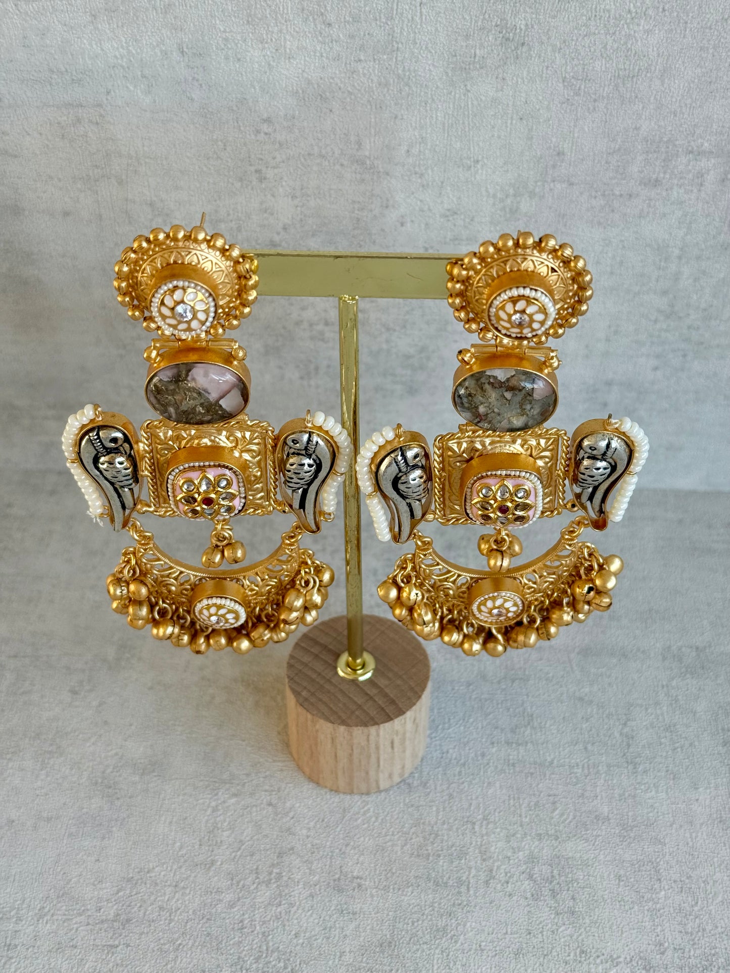 Ayura Designs Soha Earrings – Antique Gold with Smoky Grey Stone & Oxidised Parrots