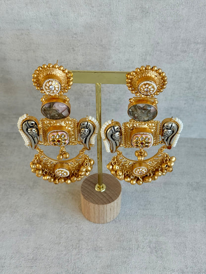 Ayura Designs Soha Earrings – Antique Gold with Smoky Grey Stone & Oxidised Parrots