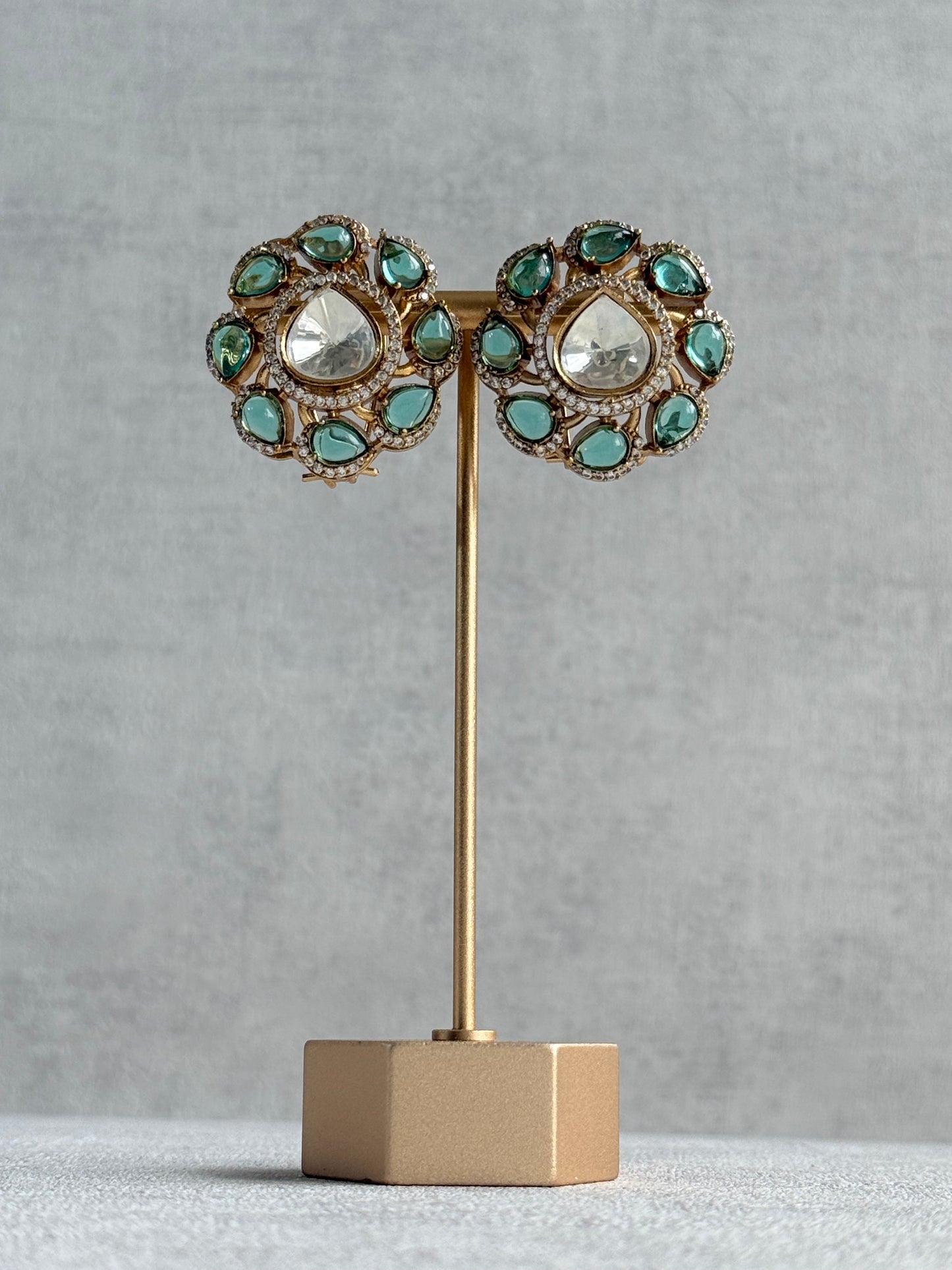 Ayura Designs Giana Stud Earrings – Aqua Green & Crystal Kundan with Gold Finish