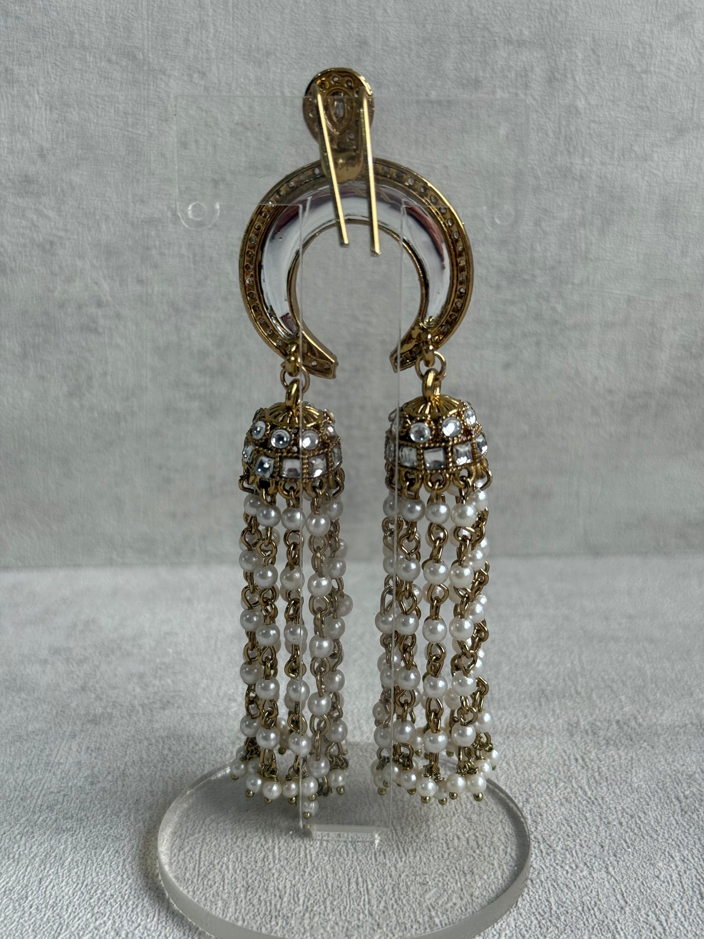 Ayura Designs Chand Hair Brooch – Crescent Polki Design with Pearl Tassels & Antique Gold Finish