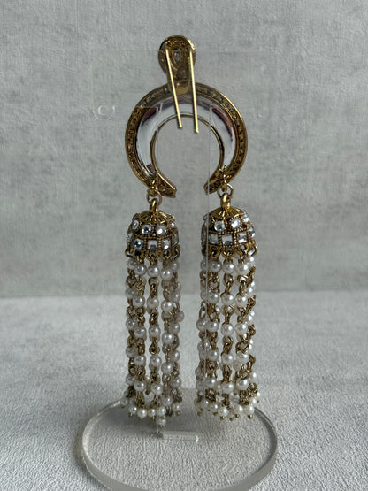 Ayura Designs Chand Hair Brooch – Crescent Polki Design with Pearl Tassels & Antique Gold Finish