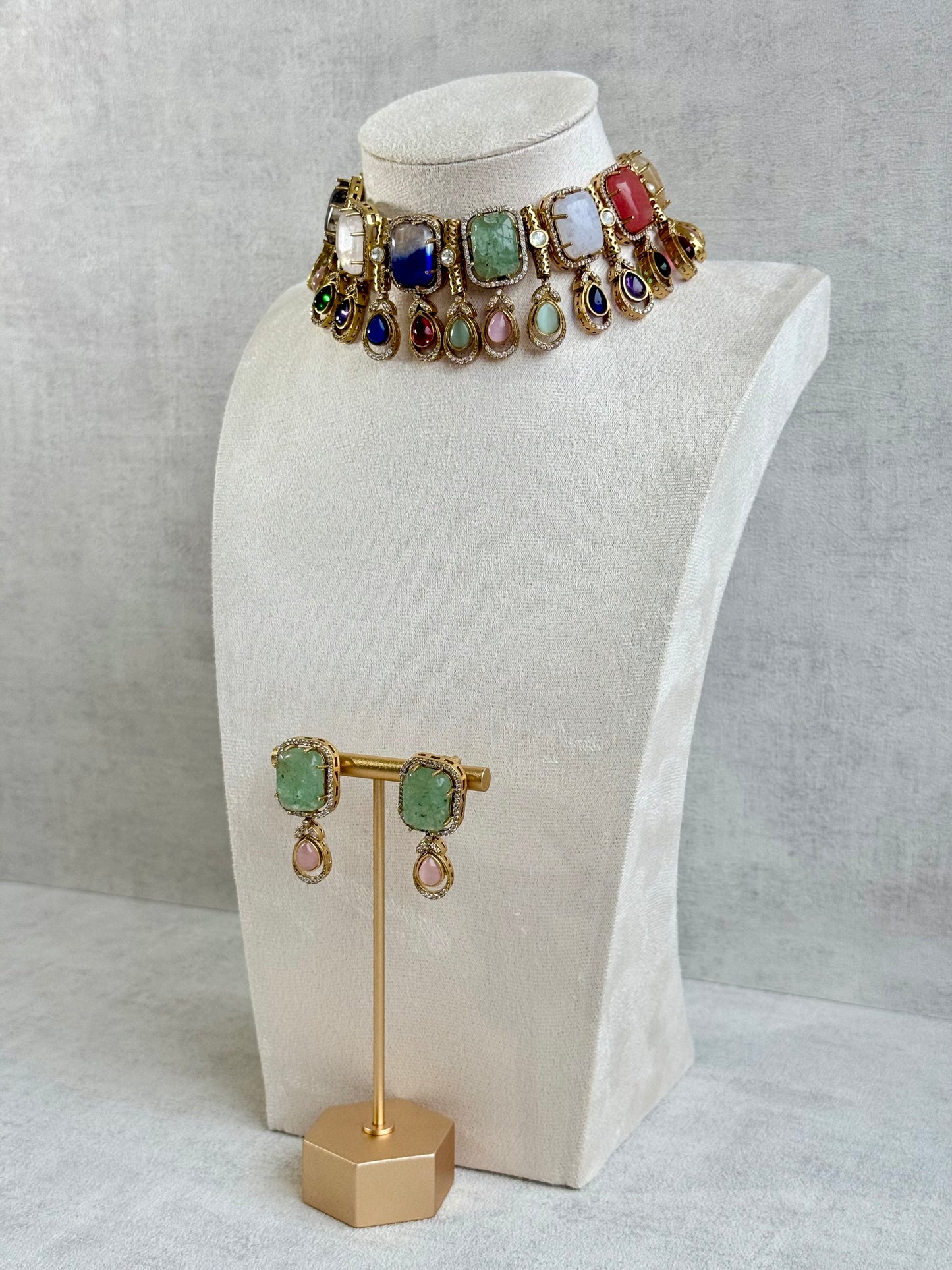Ayura Designs Adelaide Necklace Set with Earrings – Multicolour Moissanite with Green Stone Drop Earrings