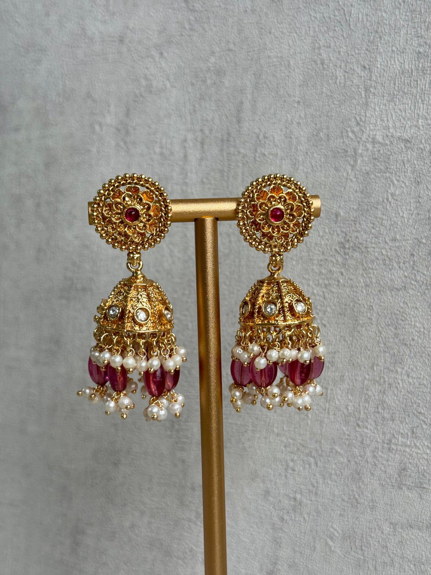 Ayura Designs Gulab Set with Jhumkis – Opulent Gold Adorned with Red & White Beads