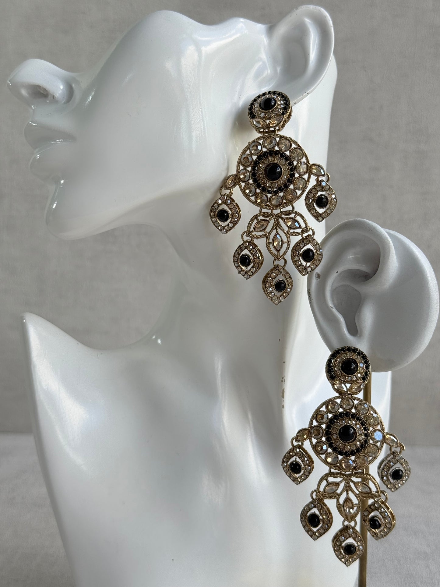 Ayura Designs Vanika Earrings – Black & Champagne Crystal Gold Finish