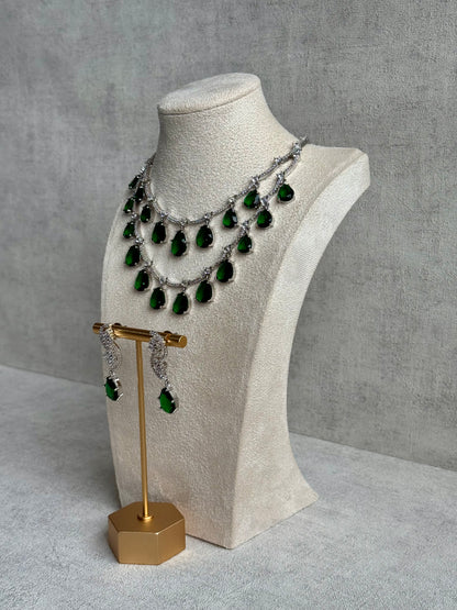Ayura Designs Nida Set with Necklace & Earrings – Emerald Green Stones, Diamond-Cut Accents & Silver Finish
