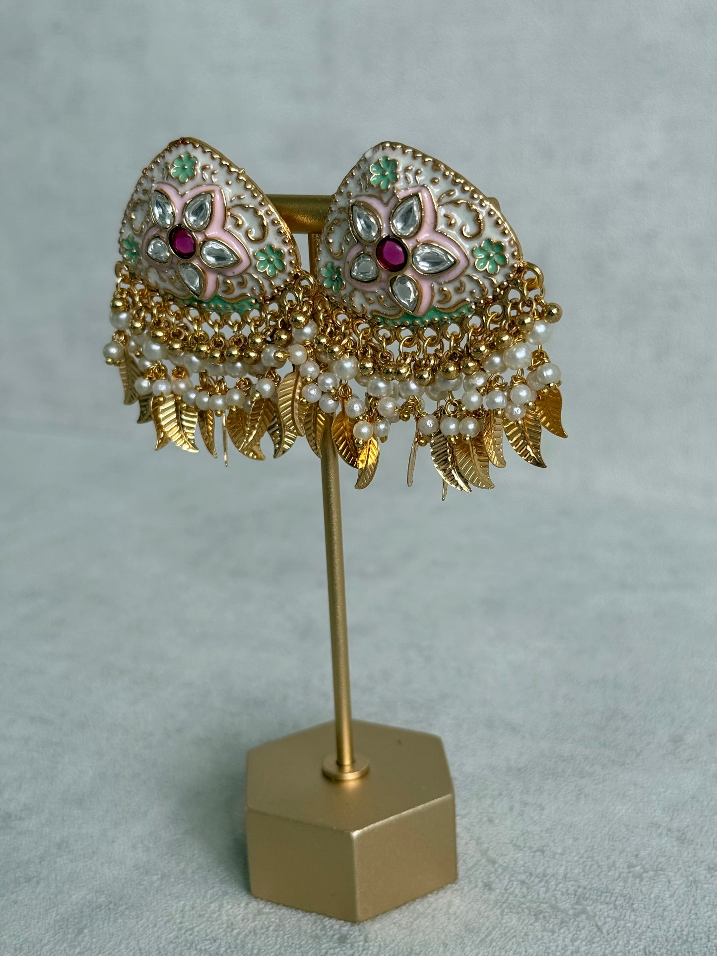 Ayura Designs Rozina Earrings – Floral Meenakari Earrings with Ruby Pink Centre Stone, Pearl Clusters & Gold Leaf Charms