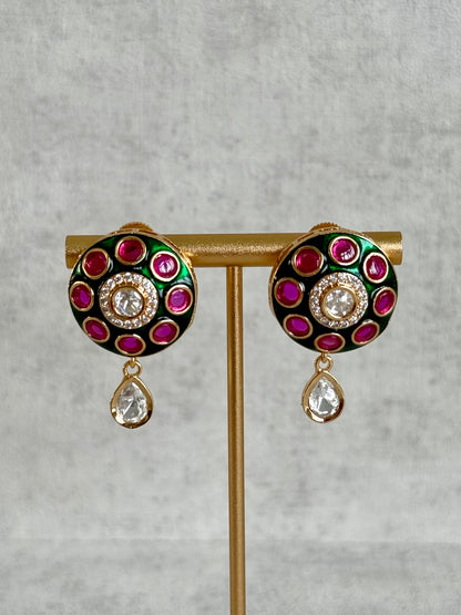 Ayura Designs Jiya Set with Earrings – Round Motif, Pink & Green Meenakari with Crystal Detailing