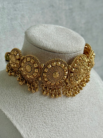 Ayura Designs Nawab Set – Antique Gold Choker, Jhumkis & Tikka with Filigree Medallions