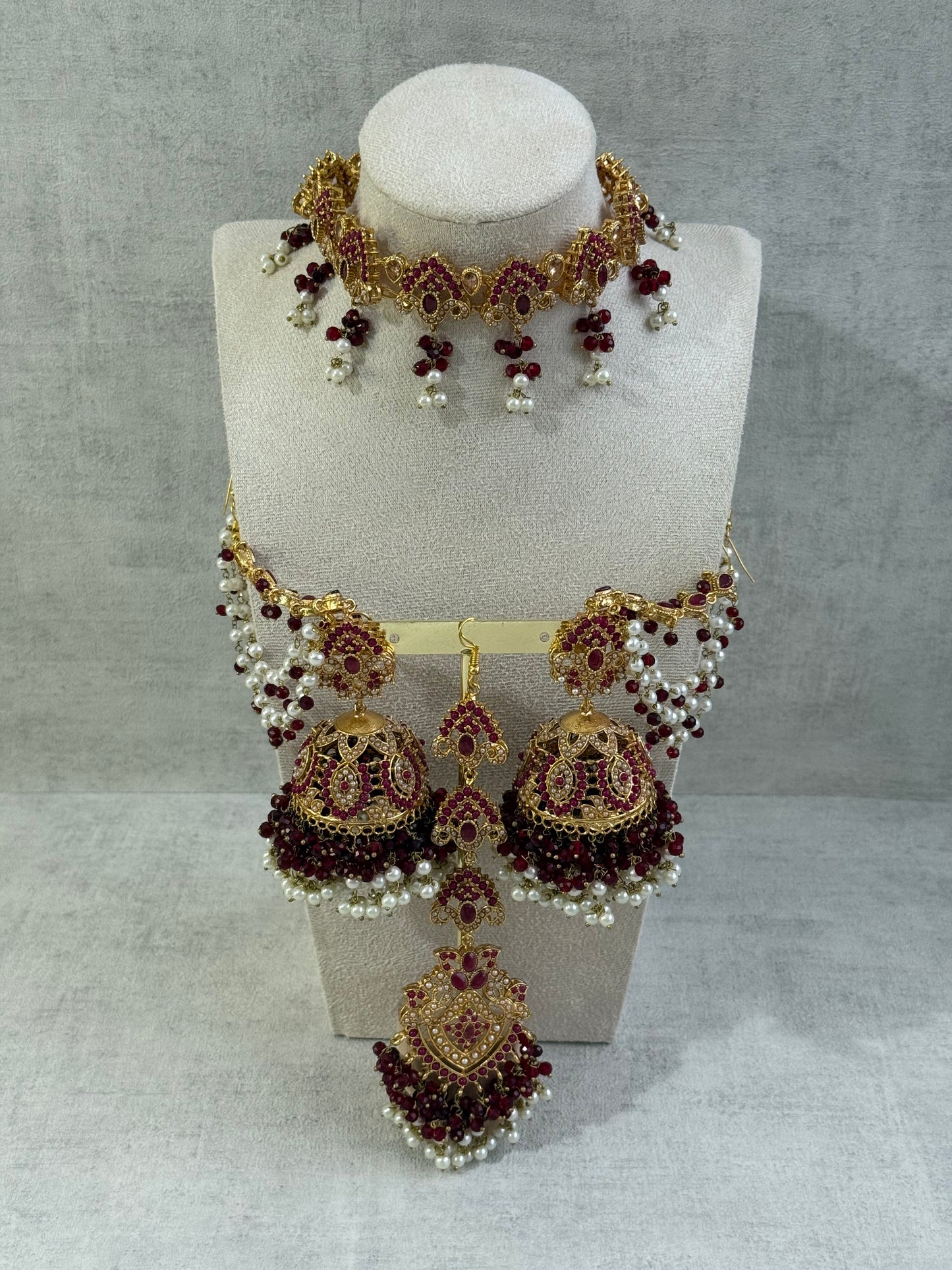Ayura Designs Noor Set – Choker, Jhumkis with Sahare & Tikka in Maroon with Pearl Detailing