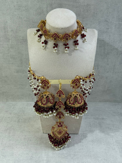 Ayura Designs Noor Set – Choker, Jhumkis with Sahare & Tikka in Maroon with Pearl Detailing