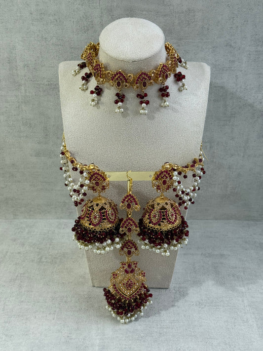 Ayura Designs Noor Set – Choker, Jhumkis with Sahare & Tikka in Maroon with Pearl Detailing