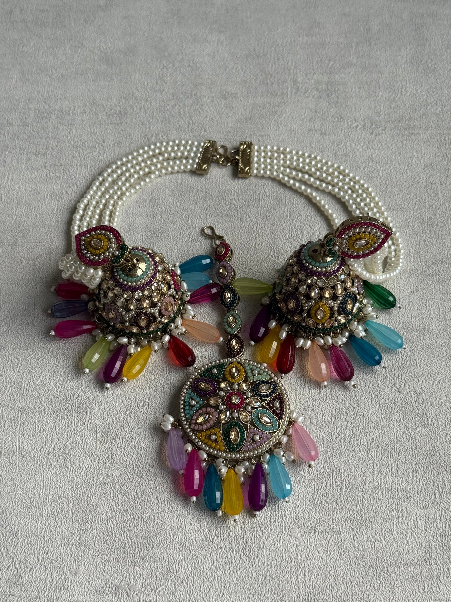 Ayura Designs Amrita Set – Jhumkis with Sahare & Tikka in Multicolour Beads, Pearls and Antique Gold Finish