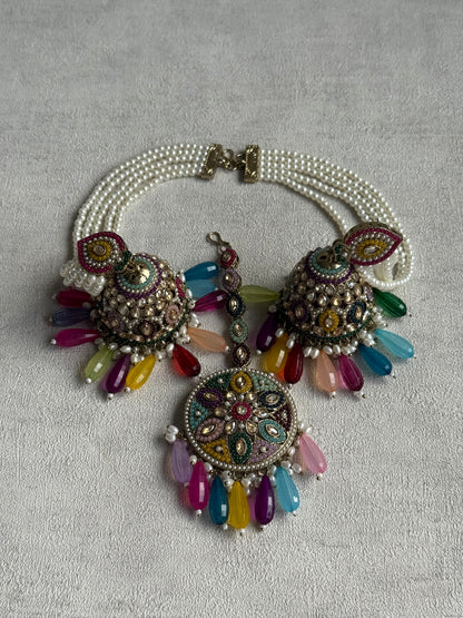 Ayura Designs Amrita Set – Jhumkis with Sahare & Tikka in Multicolour Beads, Pearls and Antique Gold Finish