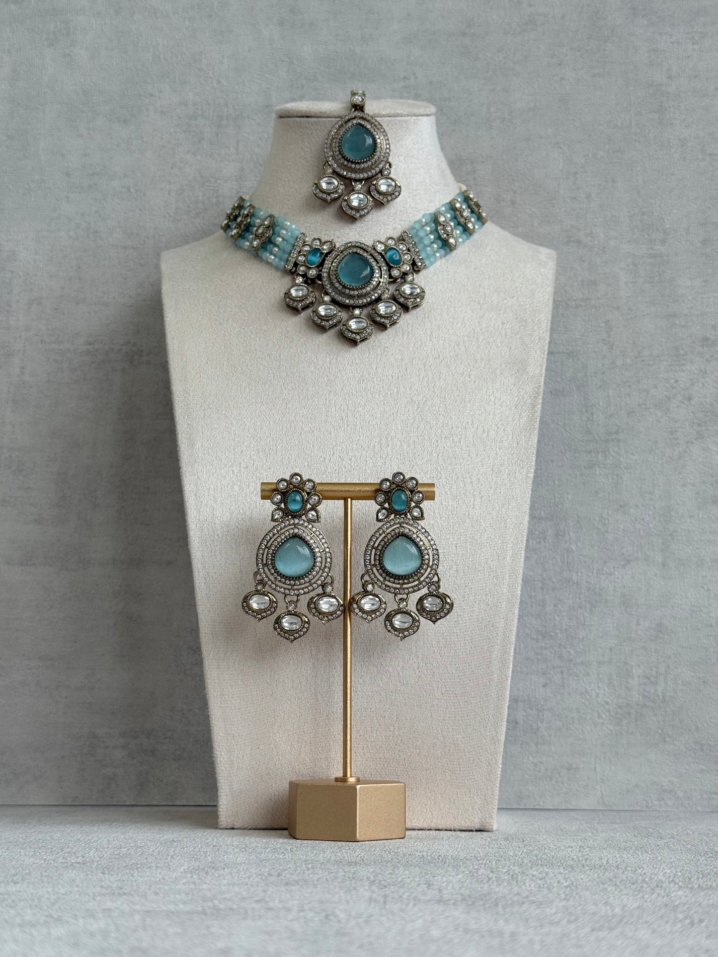 Ayura Designs Rahi Necklace Set with Earrings & Tikka – Aqua Blue Stones with Mirror-Cut Detailing & Pearl Strands