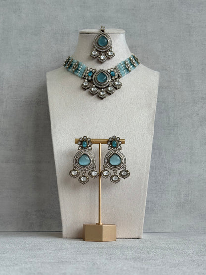 Ayura Designs Rahi Necklace Set with Earrings & Tikka – Aqua Blue Stones with Mirror-Cut Detailing & Pearl Strands