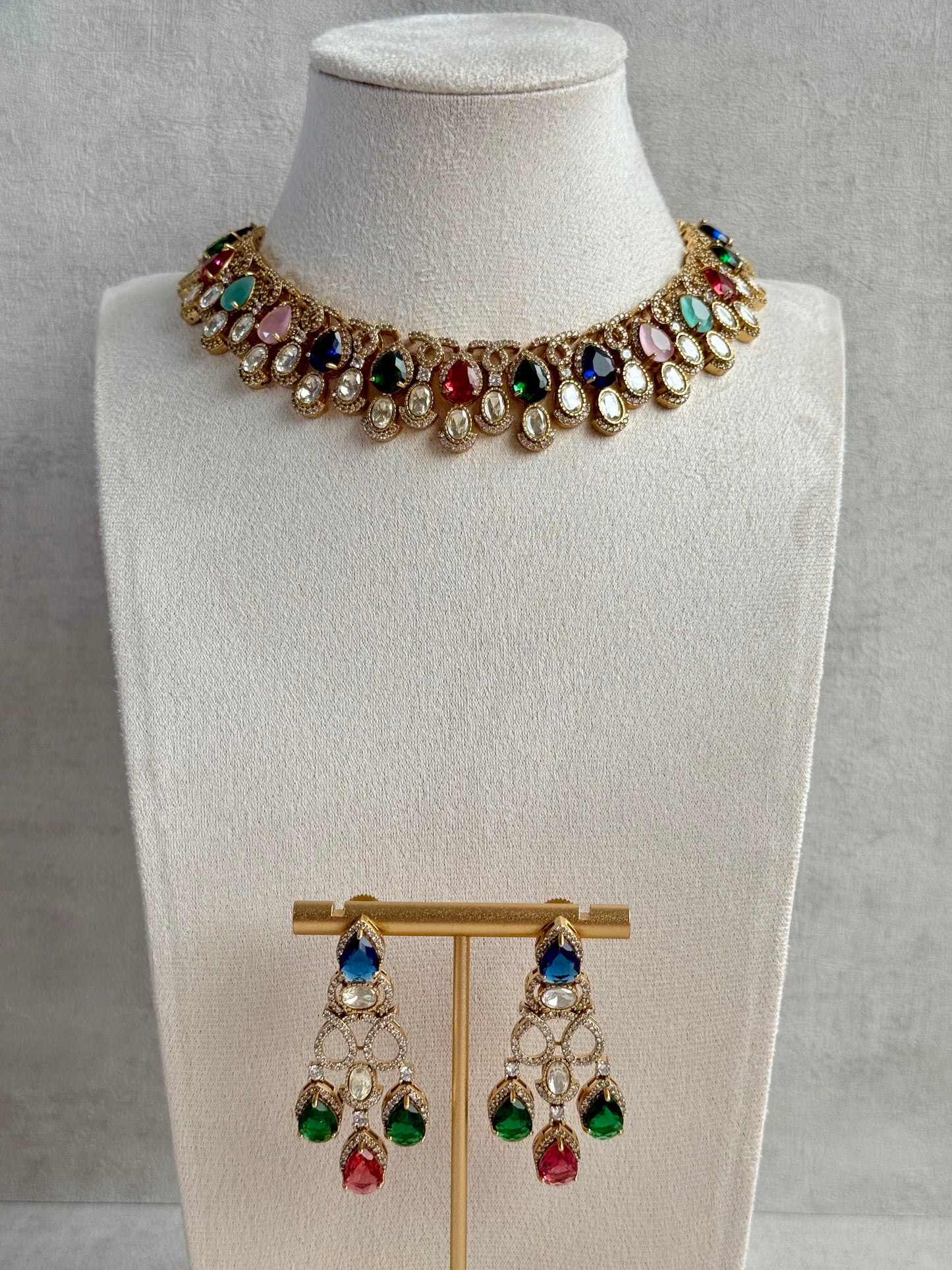 Ayura Designs Sylvie Necklace Set with Earrings – Gold Finish with Moissanite Crystals & Multicolour Stones