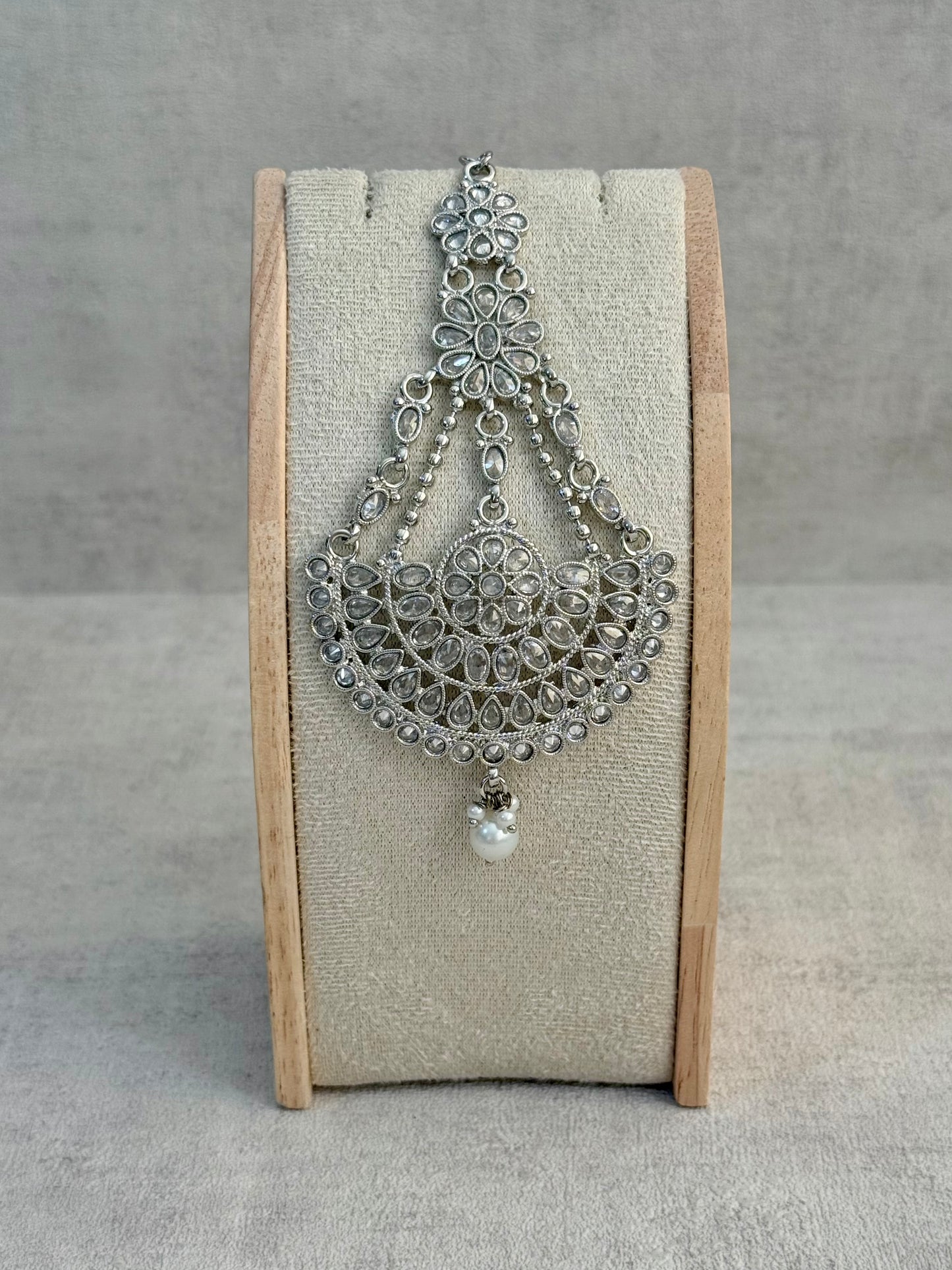 Ayura Designs Zeha Jhoomar Passa – Silver Finish with Mirror Cut Stones & Pearl Drop
