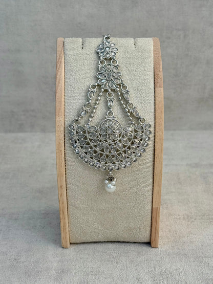 Ayura Designs Zeha Jhoomar Passa – Silver Finish with Mirror Cut Stones & Pearl Drop