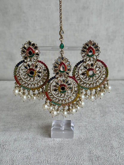 Ayura Designs Dilkash Tikka Set with Earrings – Multicolour Meenakari, Kundan, Mirror Work & Pearls