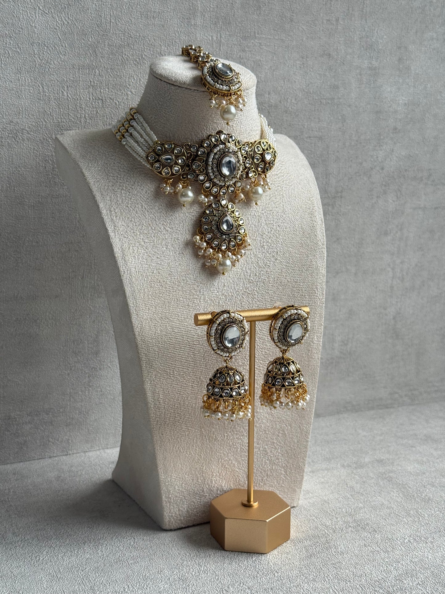 Ayura Designs Muskaan Set – Choker, Jhumkis & Tikka with Ivory Pearls, Mirror-Cut Kundan Stones & Antique Gold Finish