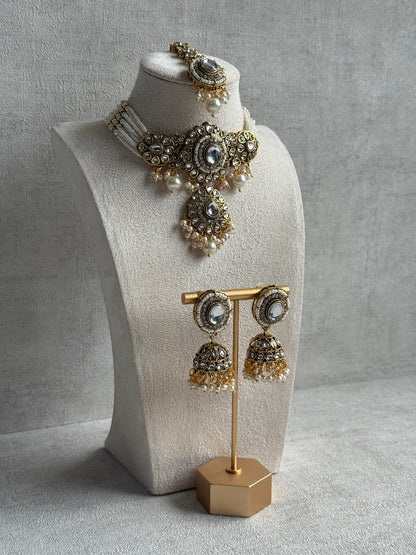 Ayura Designs Muskaan Set – Choker, Jhumkis & Tikka with Ivory Pearls, Mirror-Cut Kundan Stones & Antique Gold Finish