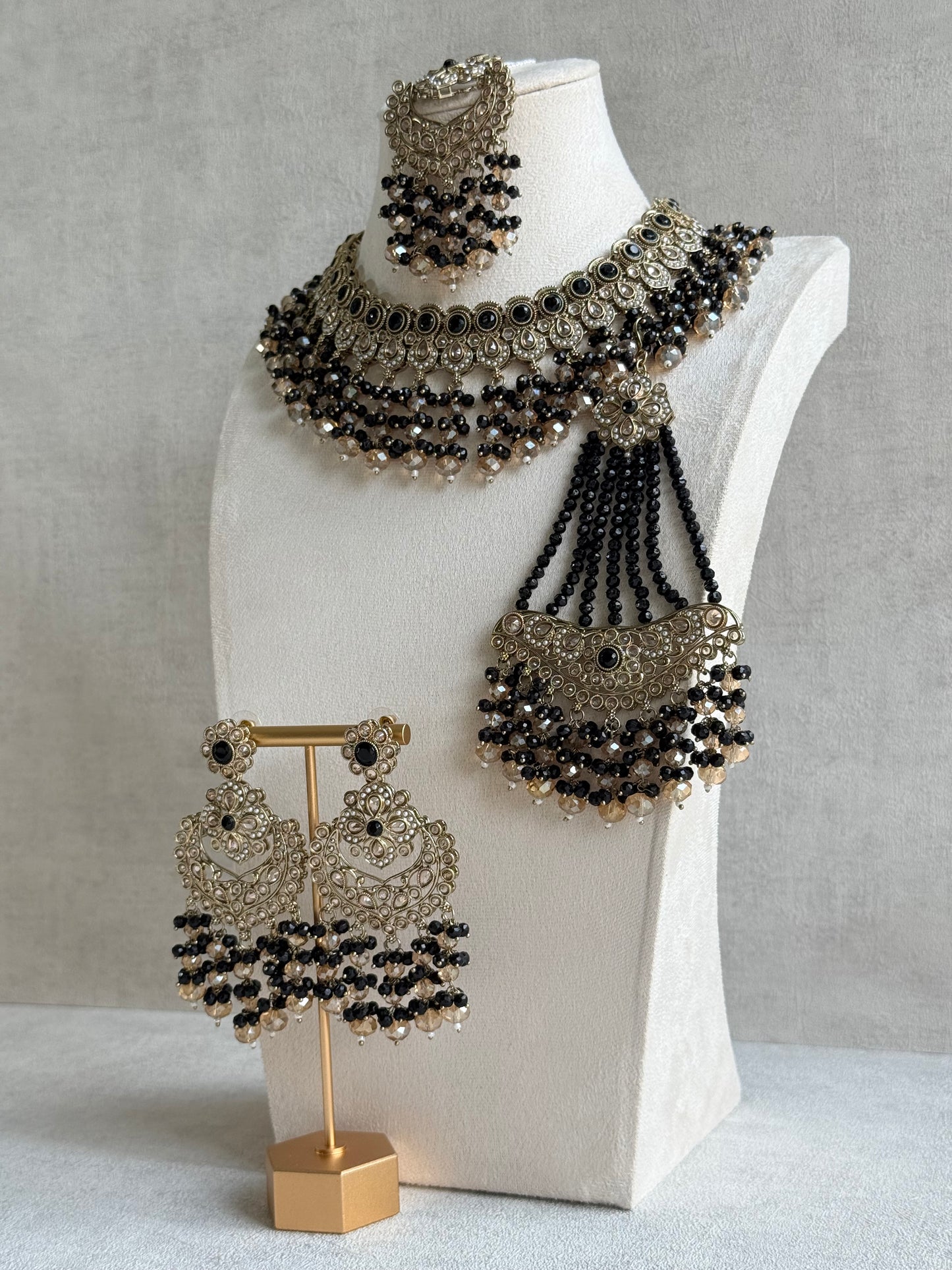Ayura Designs Dilnaz Necklace Set with Earrings, Tikka & Passa – Black & Champagne Crystal Beads & Antique Gold Finish