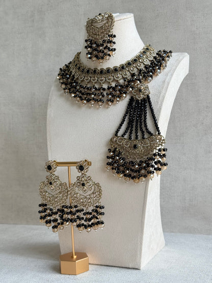 Ayura Designs Dilnaz Necklace Set with Earrings, Tikka & Passa – Black & Champagne Crystal Beads & Antique Gold Finish