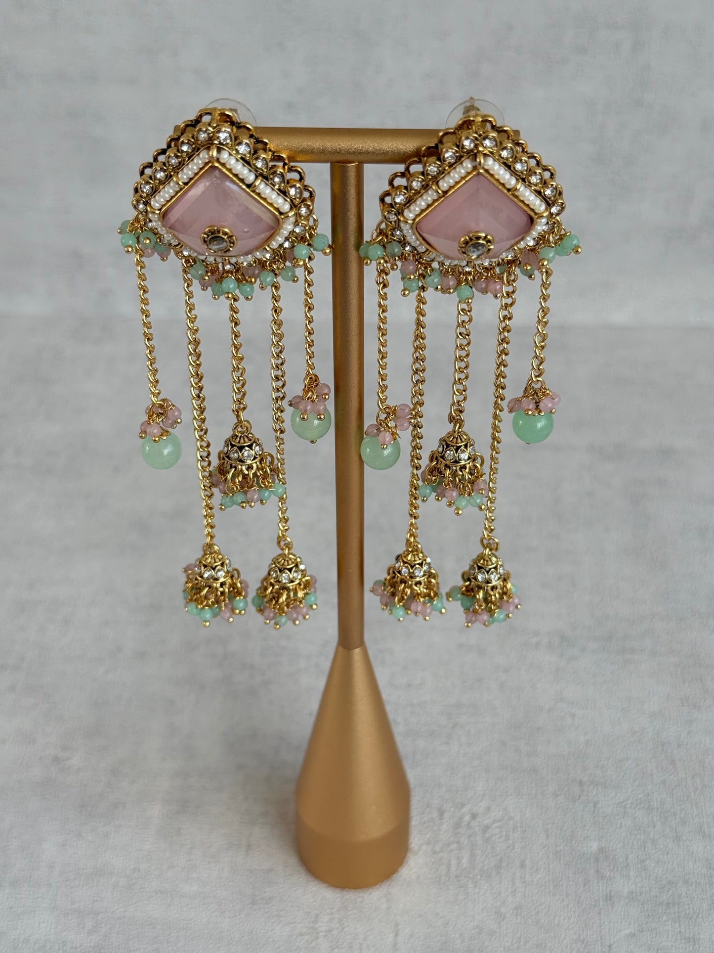 Ayura Designs Tanika Earrings – Blush Pink & Mint Green Duster Earrings with Jhumki Drops
