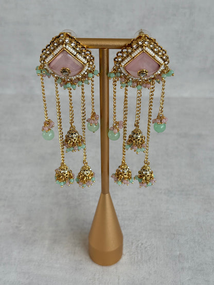 Ayura Designs Tanika Earrings – Blush Pink & Mint Green Duster Earrings with Jhumki Drops