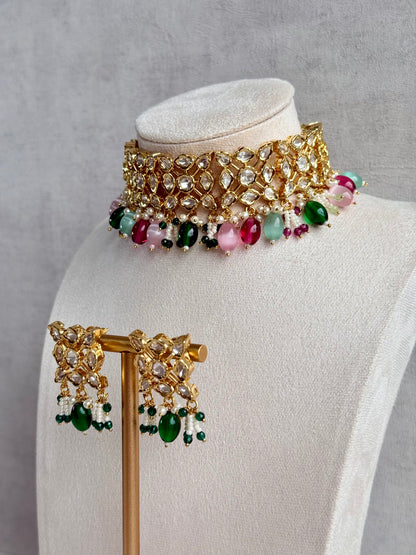 Ayura Designs Navya Choker Set with Earrings – Gold Finish with Moissanite Stones, Lattice Design, Emerald Beads & Pearl Detailing
